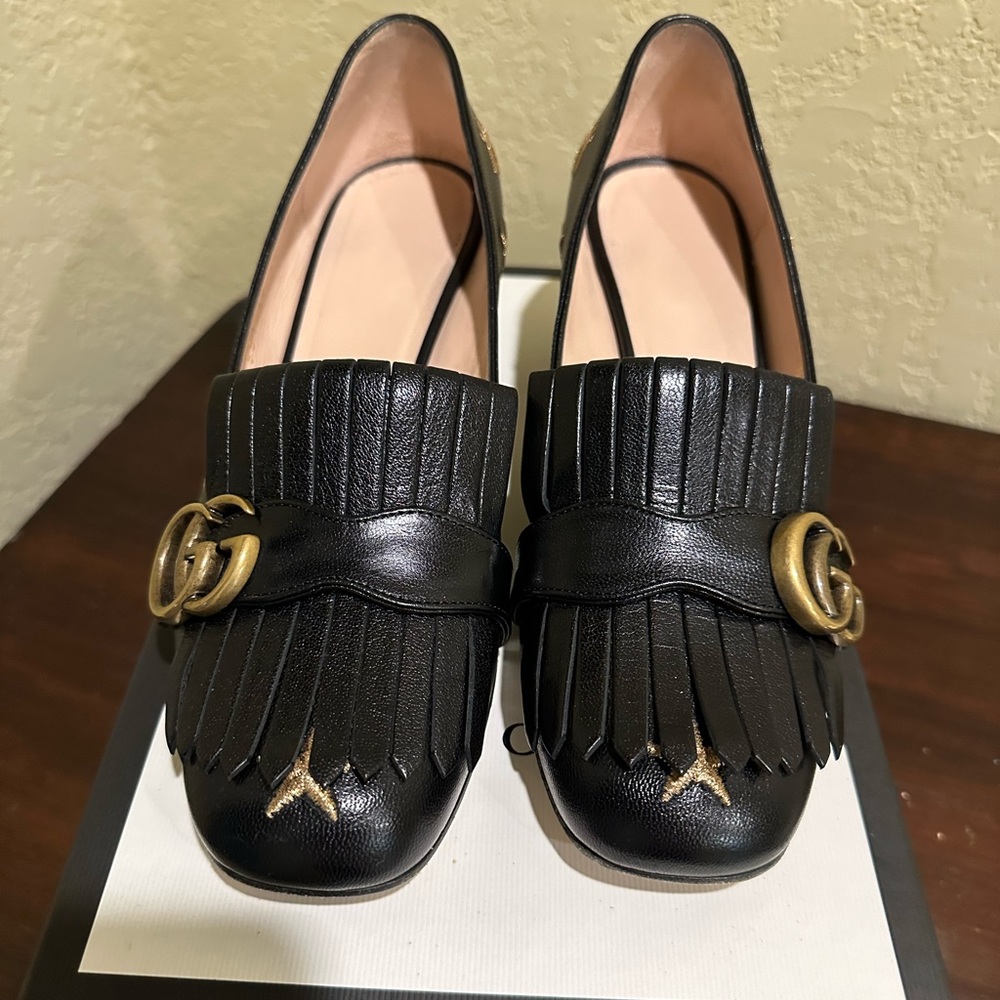 Gucci Black Leather Fringe Pumps with Gold Double G Accents